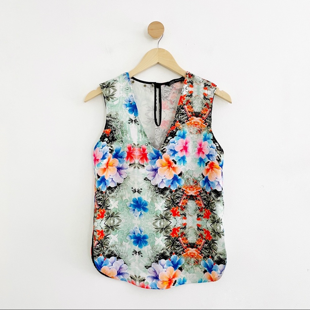 Zara Woman Colorful Floral Sleeveless Studded Top